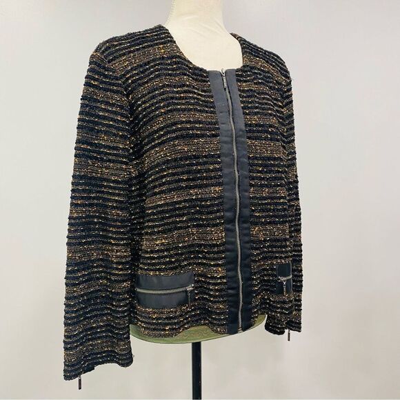MING WANG Sapphire XL Black Gold Tweed Sparkle Zip Evening Cocktail Party Blazer - Picture 3 of 16